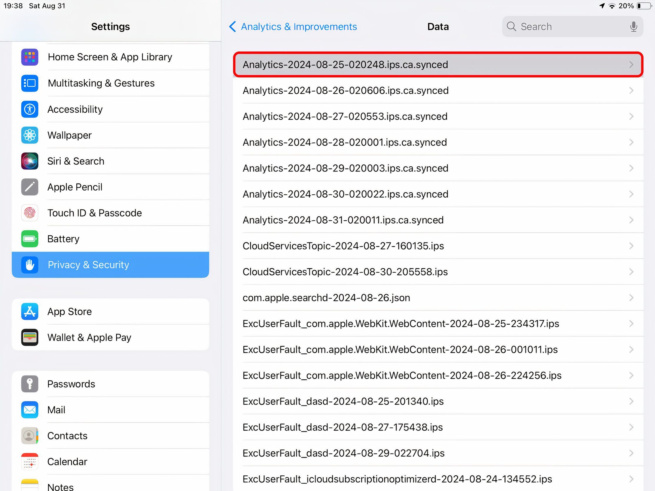 A diagnostics entry selected in the iPad's Settings app.