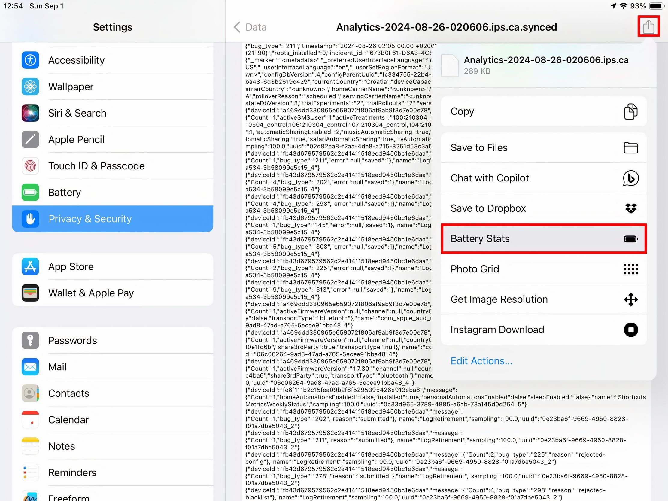 A diagnostics dump in the iPad's Settigs app, with the BatteryStats shortcut selected in the Share menu.