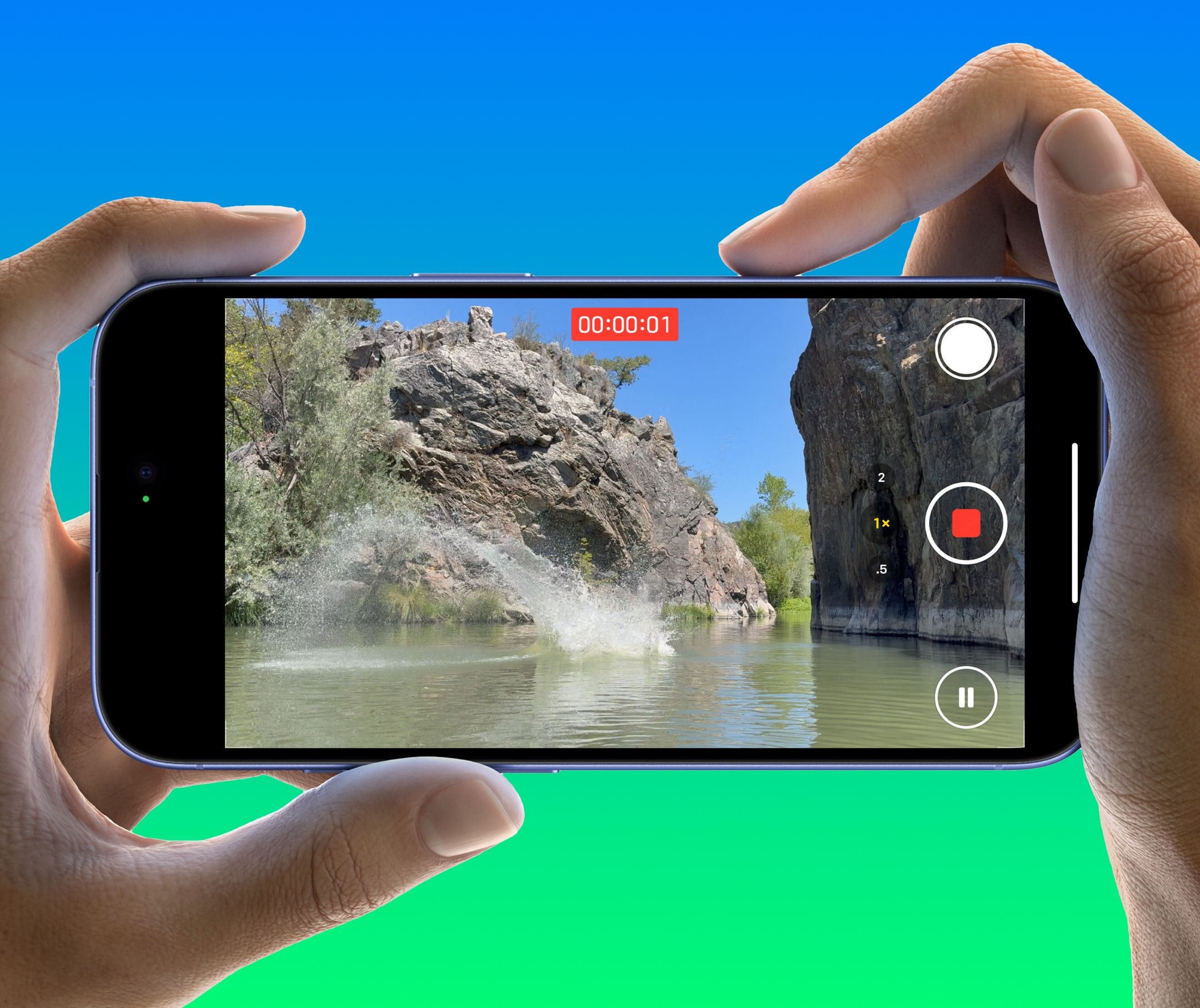 Hands holding an iPhone 16 and shooting video in landscape orientation, with the index finger sliding across the Camera Control capture button.