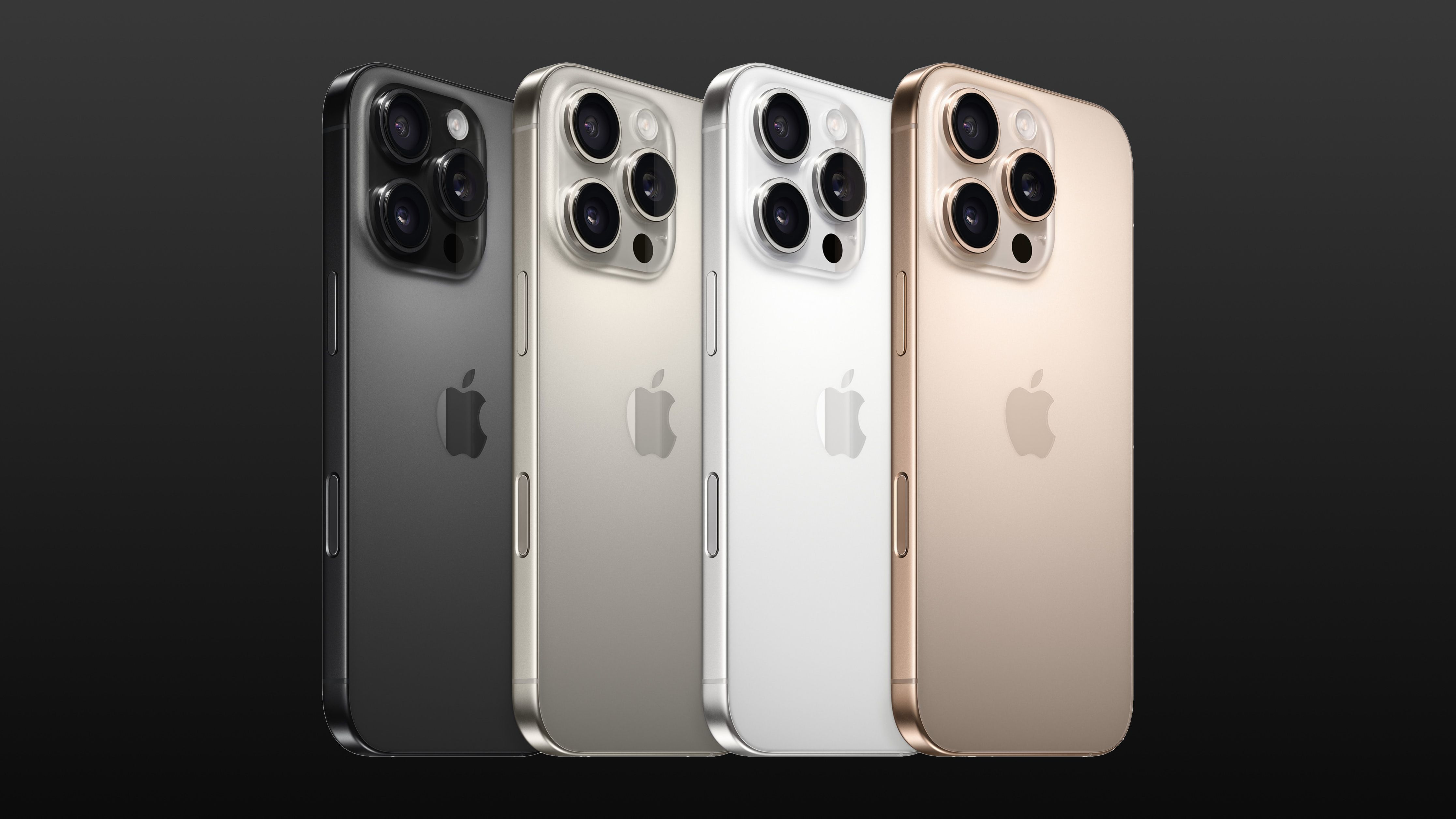 Four iPhone 16 Pro smartphones showcasing titanium color finishes, set against a dark gradient background.