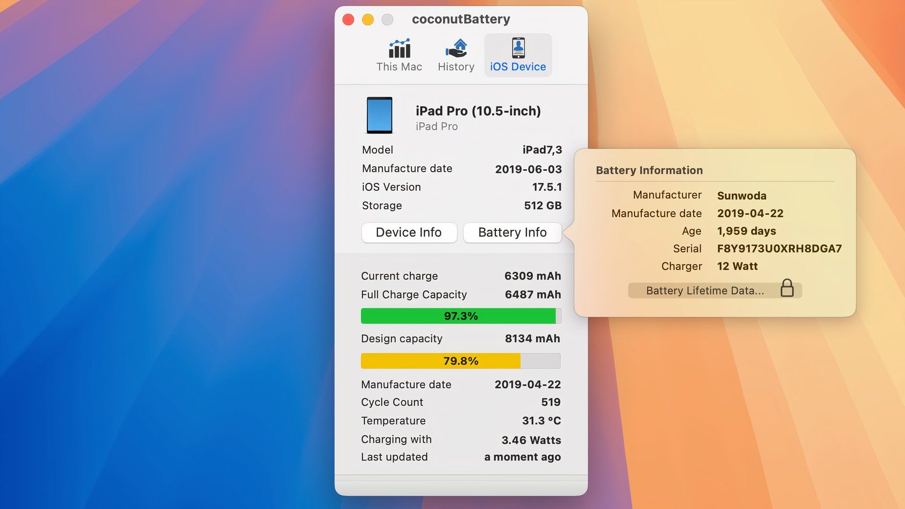 Using the CoconutBattery Mac app to view iPad Pro battery health.