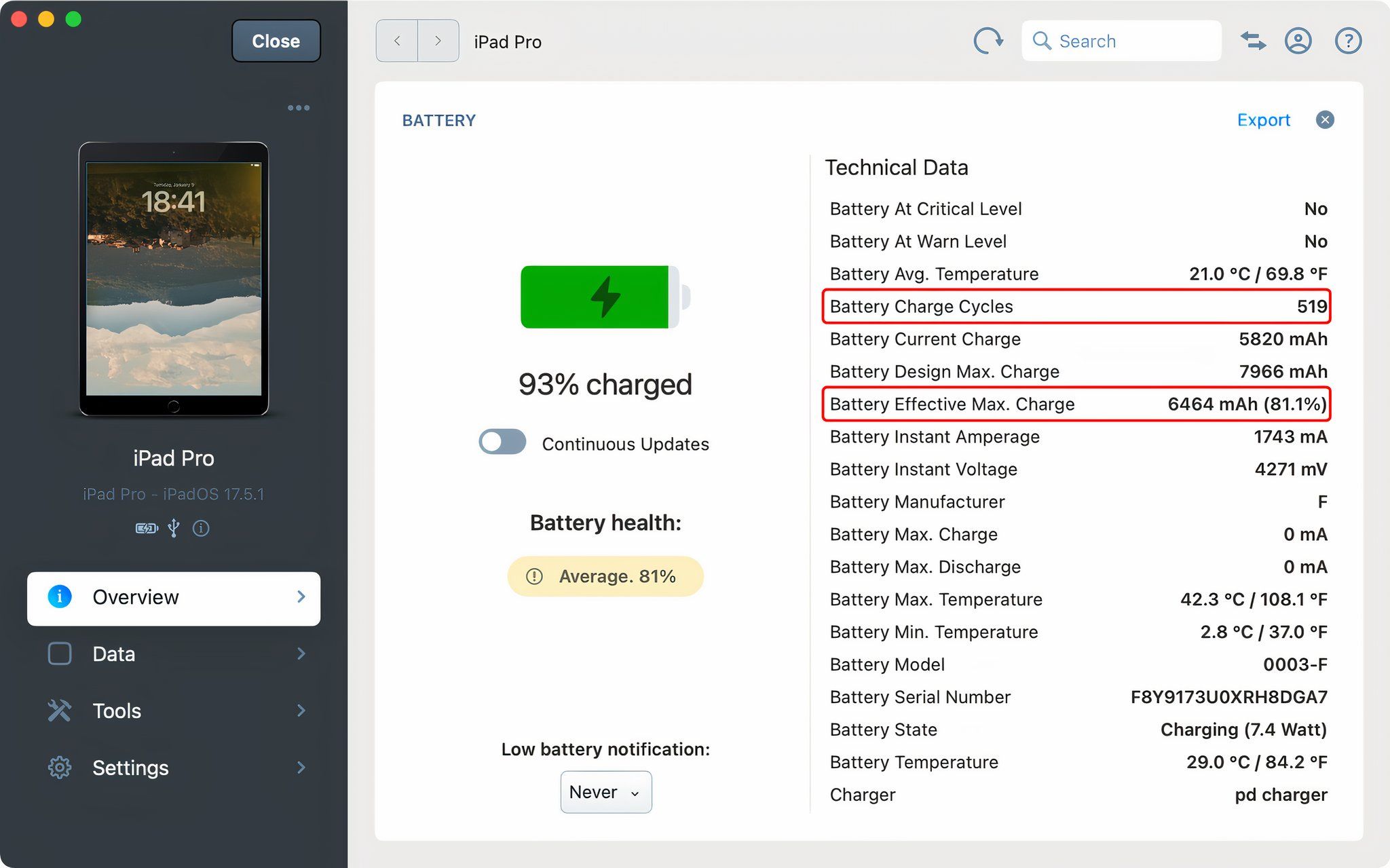 iPad Pro battery status in iMazing for Mac, with the cycle count and maximum charge capacity highlighted.