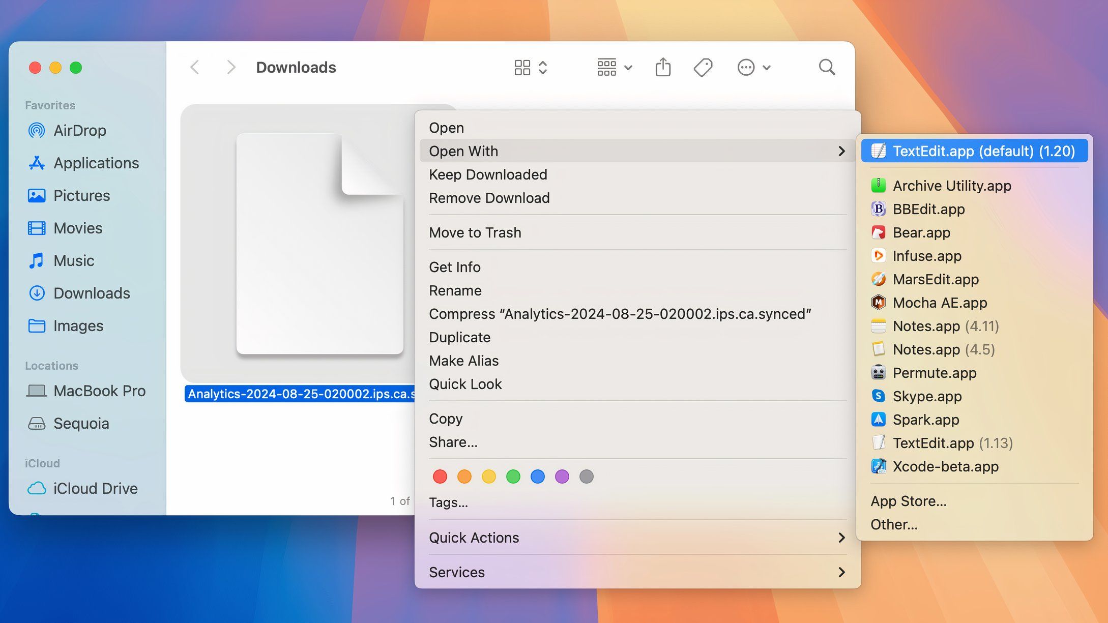 A file selection in macOS, with the TextEdit app selected in the Open With menu.