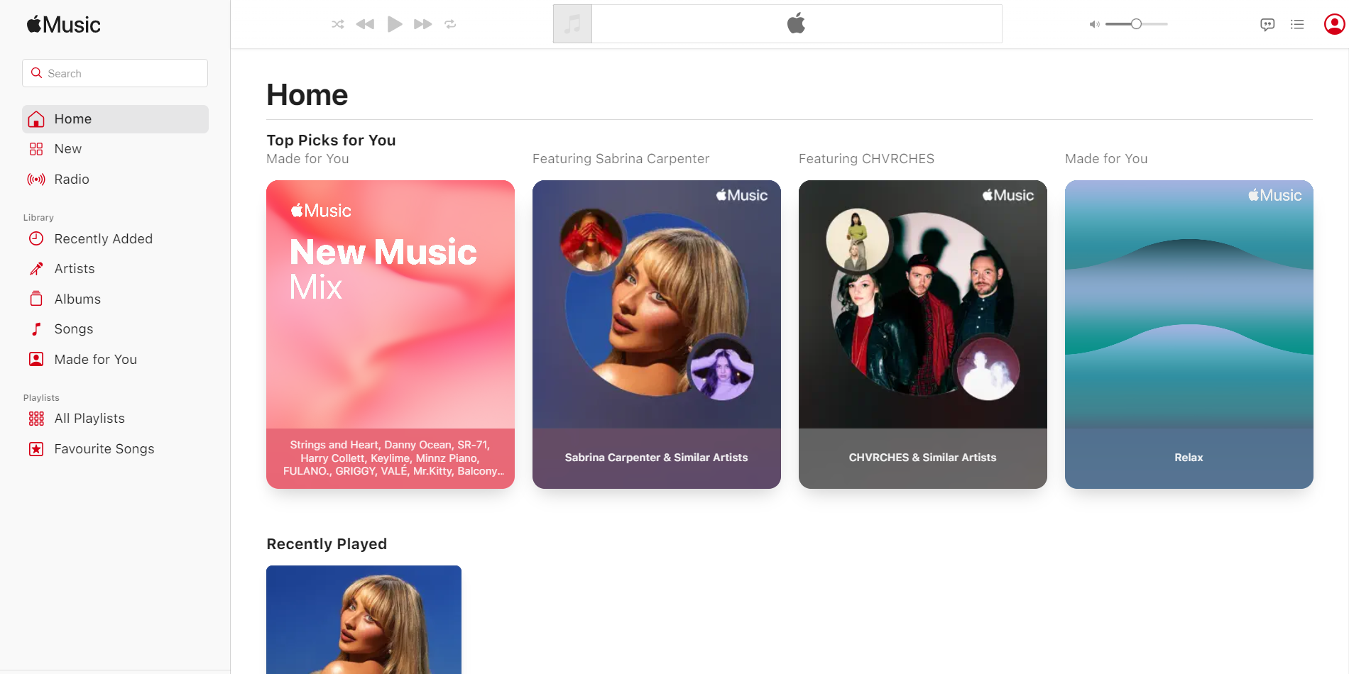 The Apple Music web player's homepage.