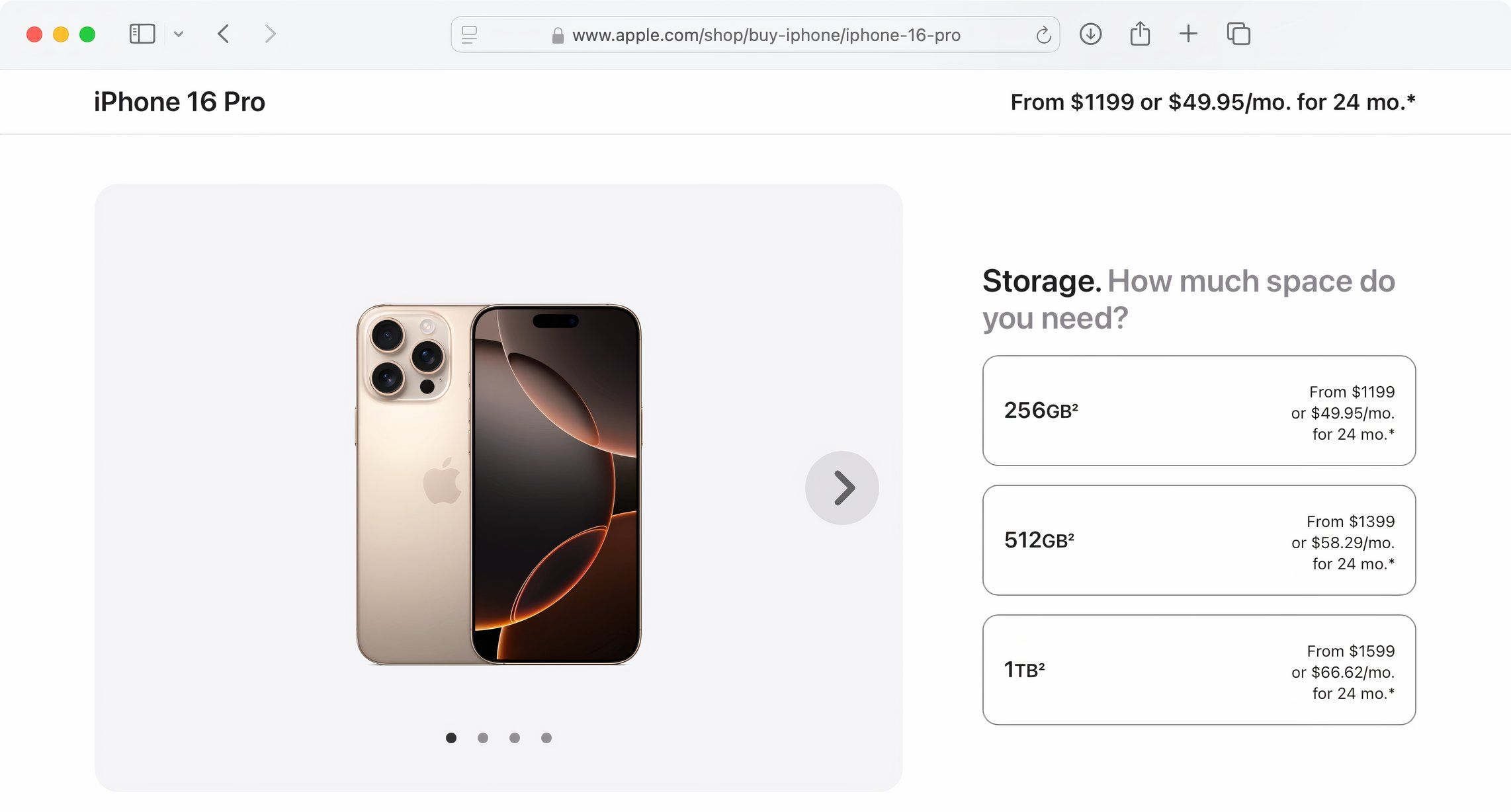 Apple's online store showing iPhone 16 Pro Max storage capacities and prices.