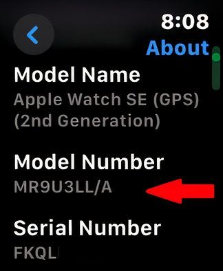 Find with Apple Watch About screen with model number.