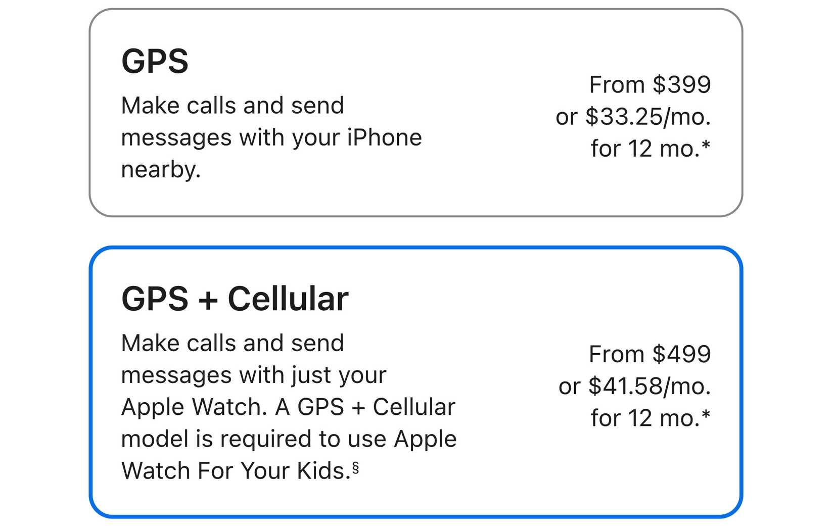 GPS and GPS + Cellular Apple Watch option comparisons.