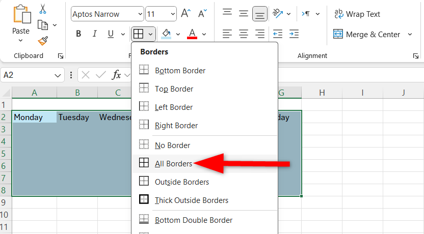 Applying 'All Borders' to selected cells of the calendar.