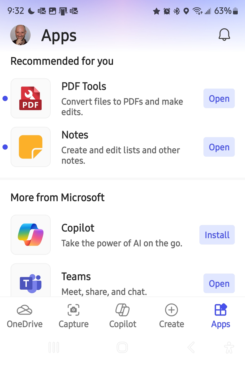 The Apps section in the Microsoft 356 app. 