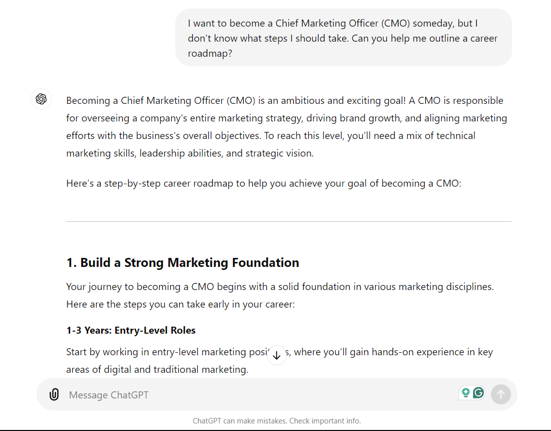 Asking ChatGPT for a career roadmap for becoming a CMO.