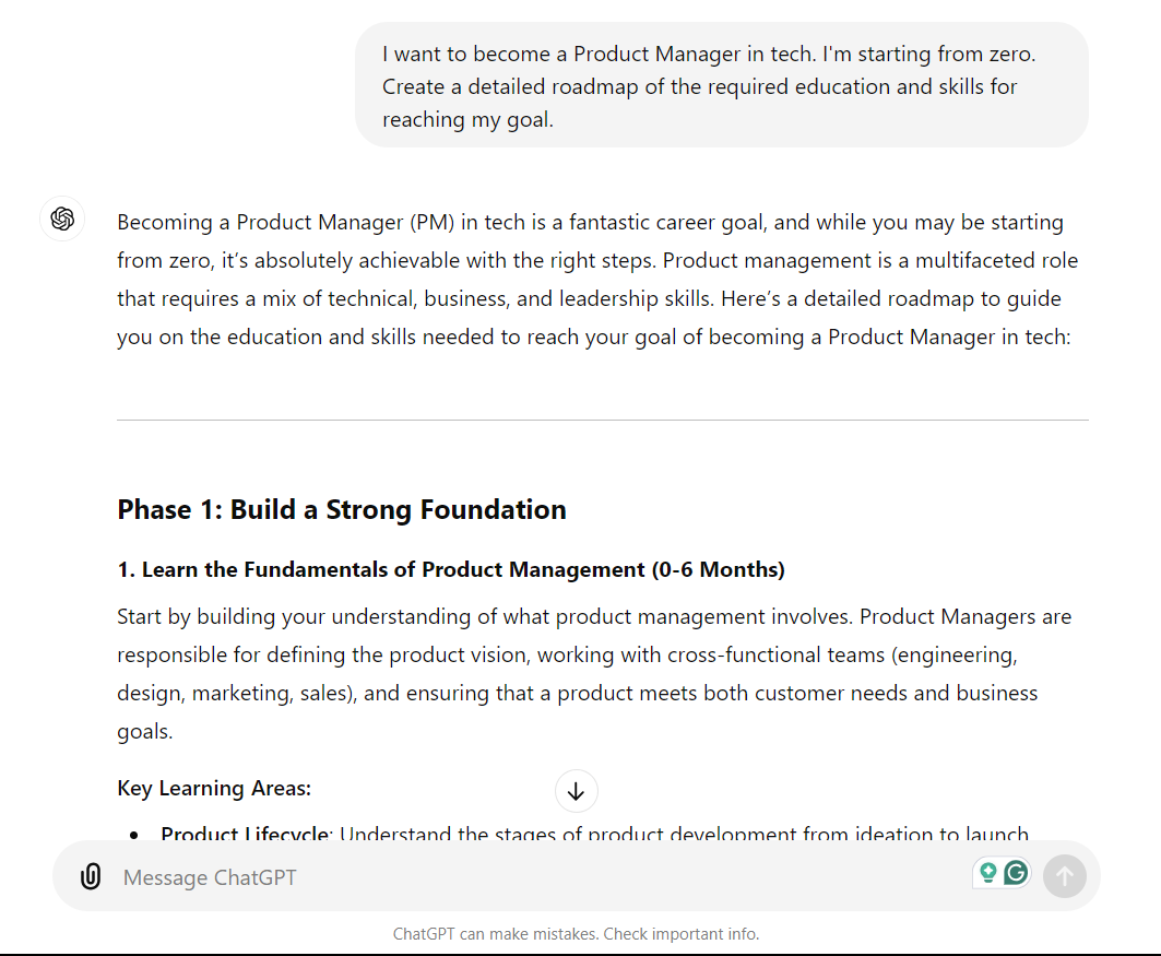 Asking ChatGPT for a career roadmap for becoming a Product Manager.