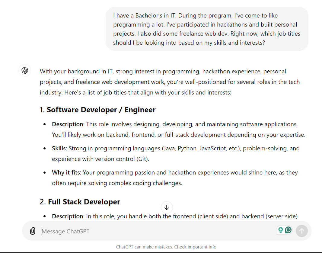Asking ChatGPT for job title suggestions based on skills and education.