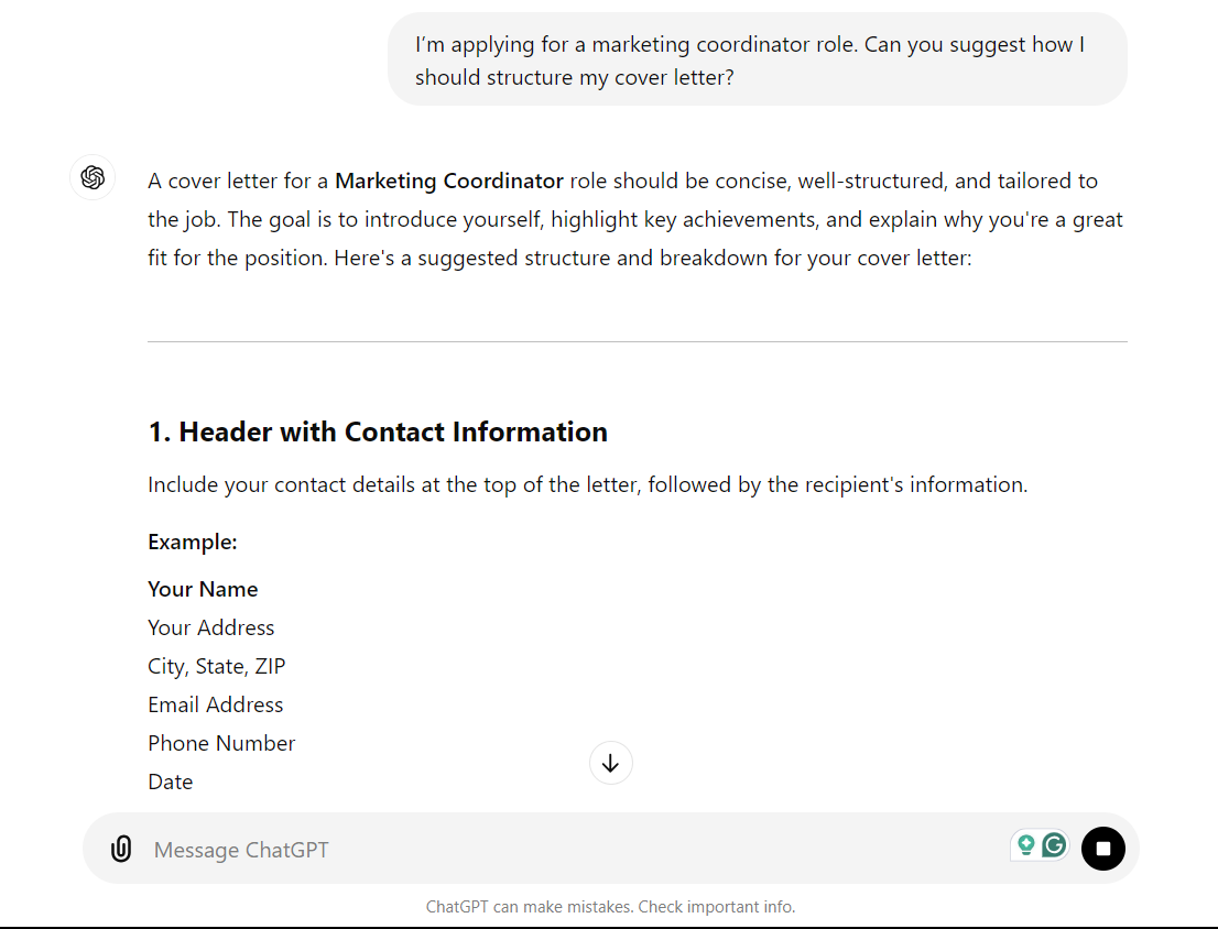 Asking ChatGPT for suggestions for writing a cover letter for a marketing coordinator role.