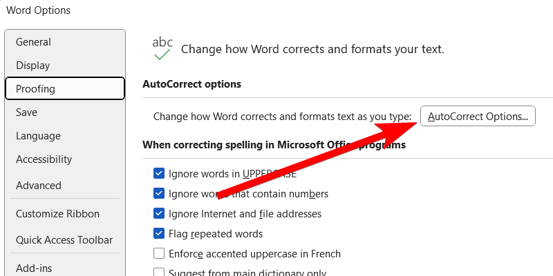 The "AutoCorrect Options" button in Microsoft Word.