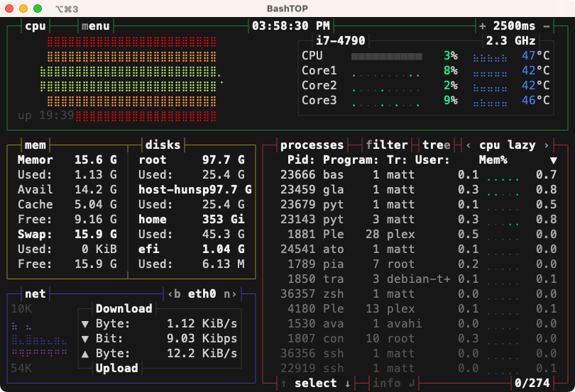 bashtop is a lot like bpytop, with a simpler and less graphically intensive interface.