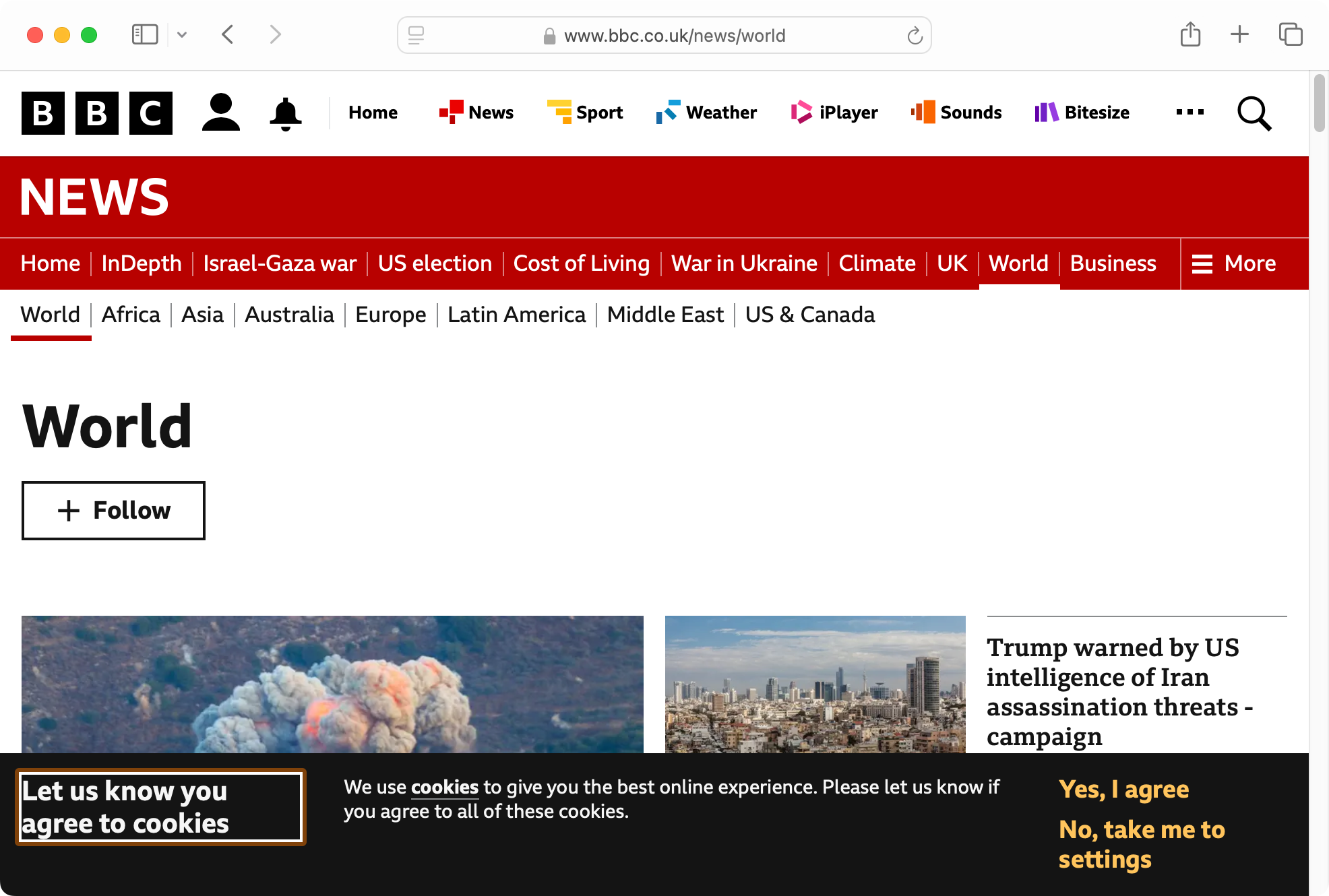 BBC news page showing a black cookie banner at the bottom.