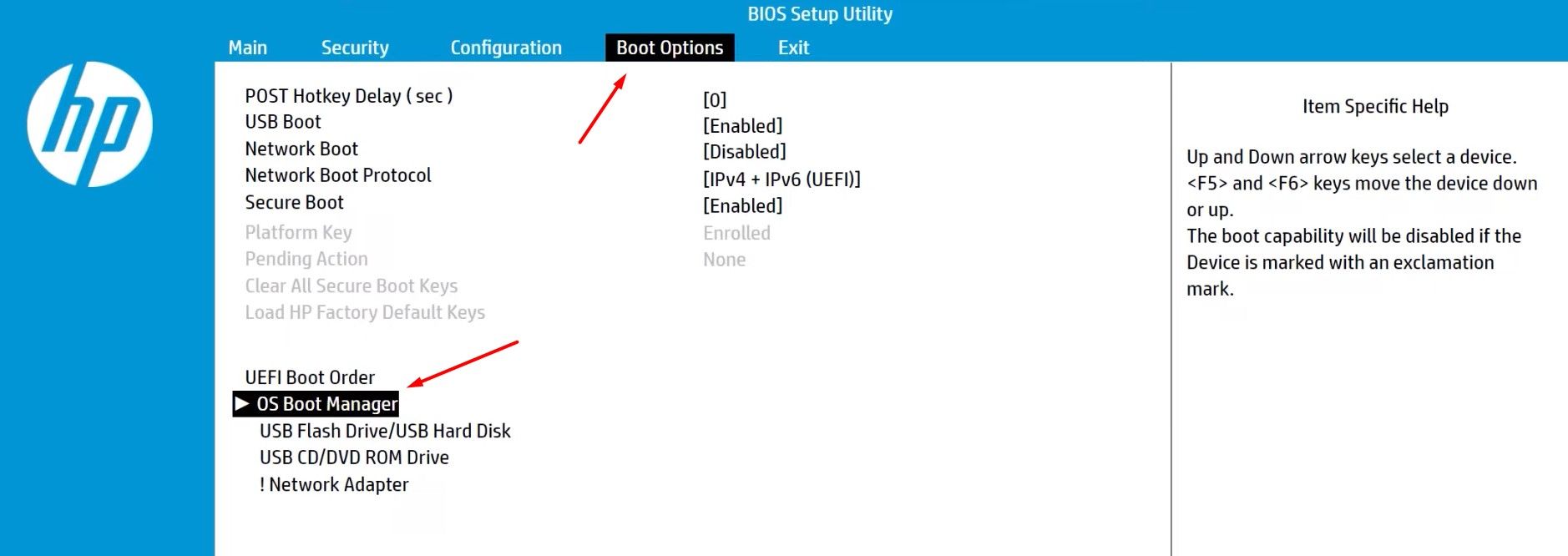 Boot options tab in the HP Bios menu