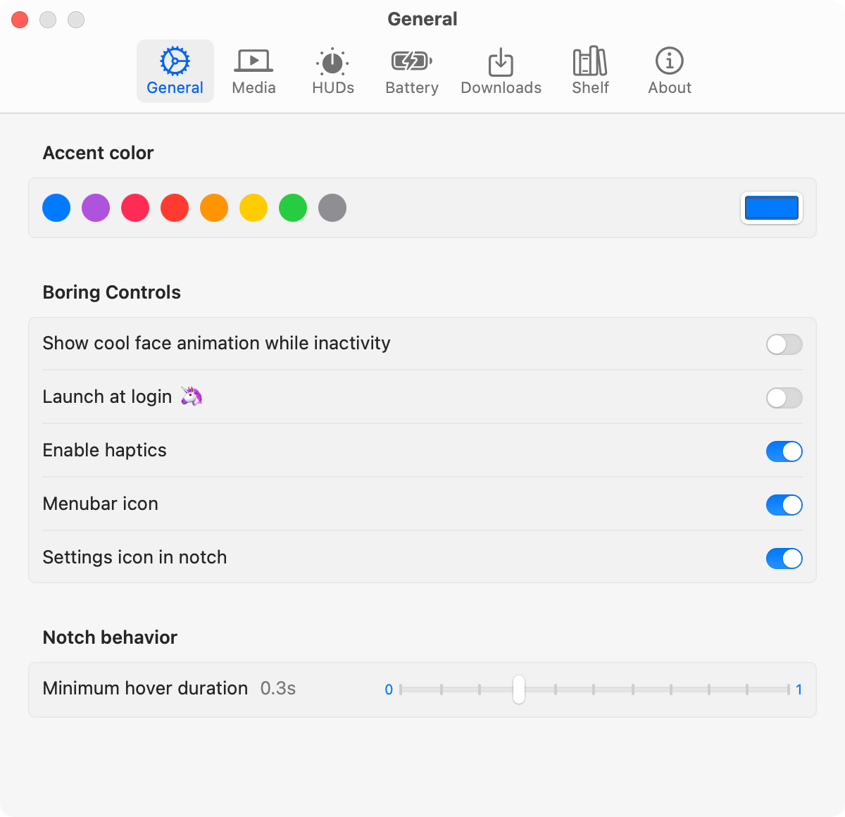 Boring.Notch settings menu.