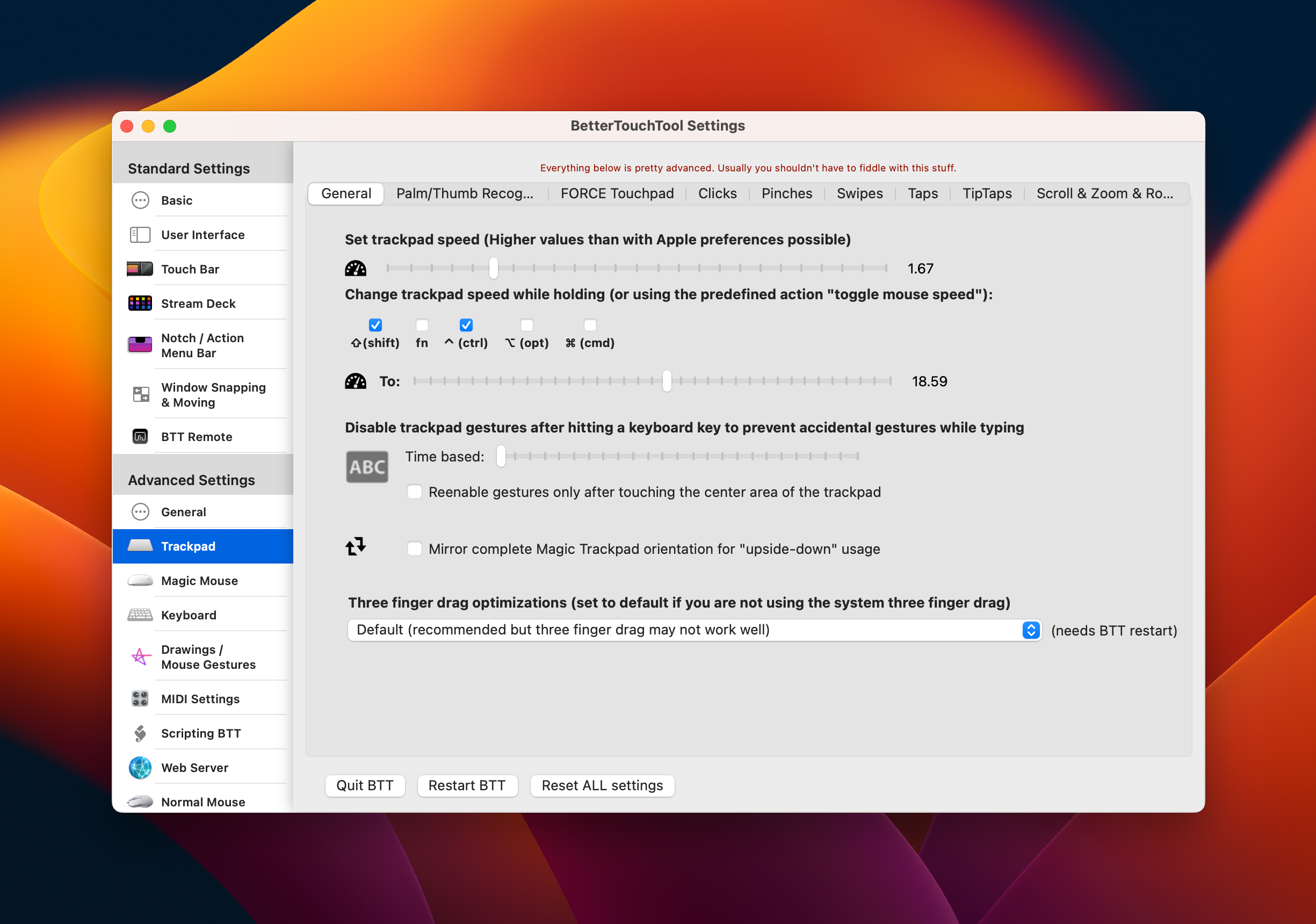 BTT general trackpad advanced settings.