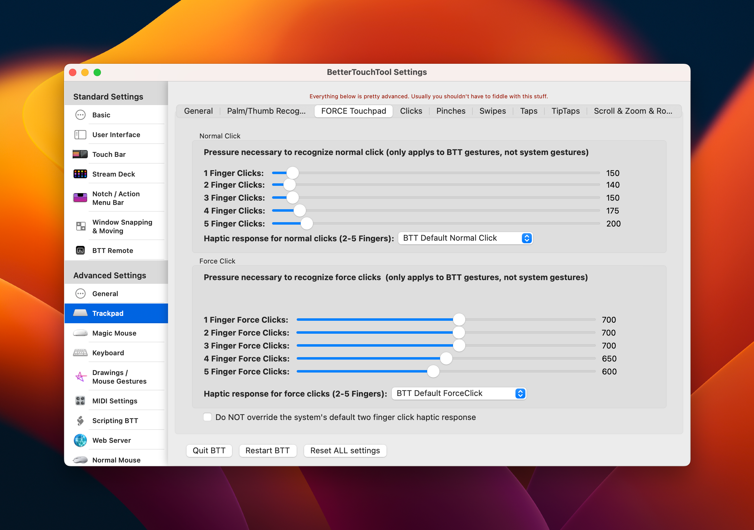 BTT's Force touchpad advanced settings.