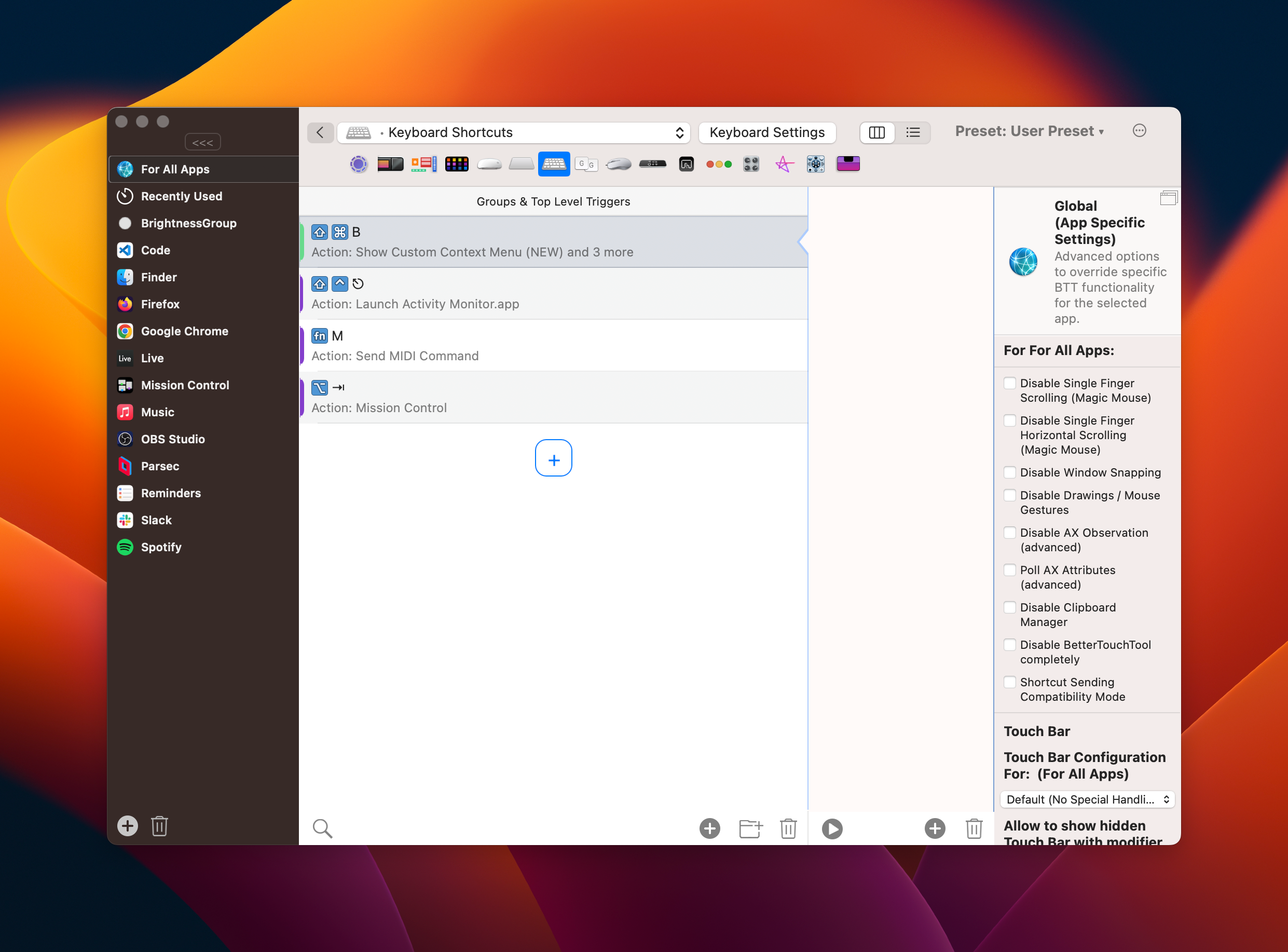 BTT's keyboard shortcuts configuration page.