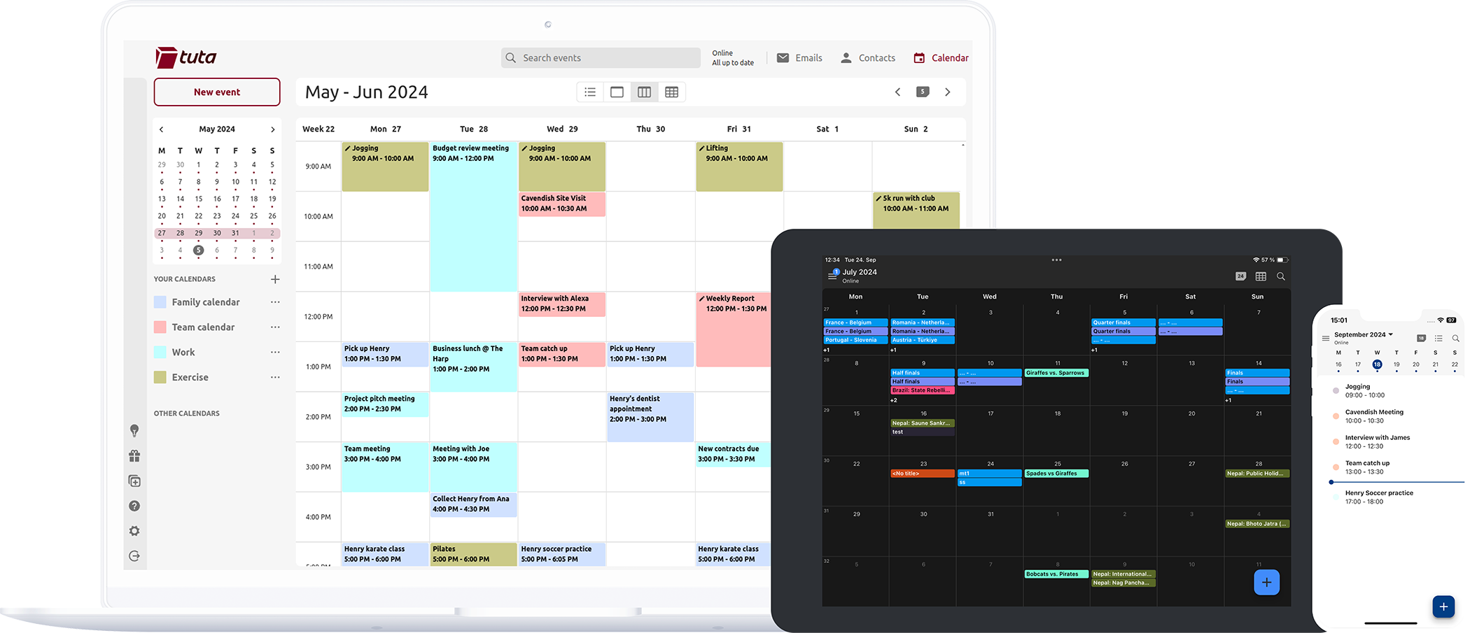 Tuta Calendar app on a phone, tablet, and laptop.