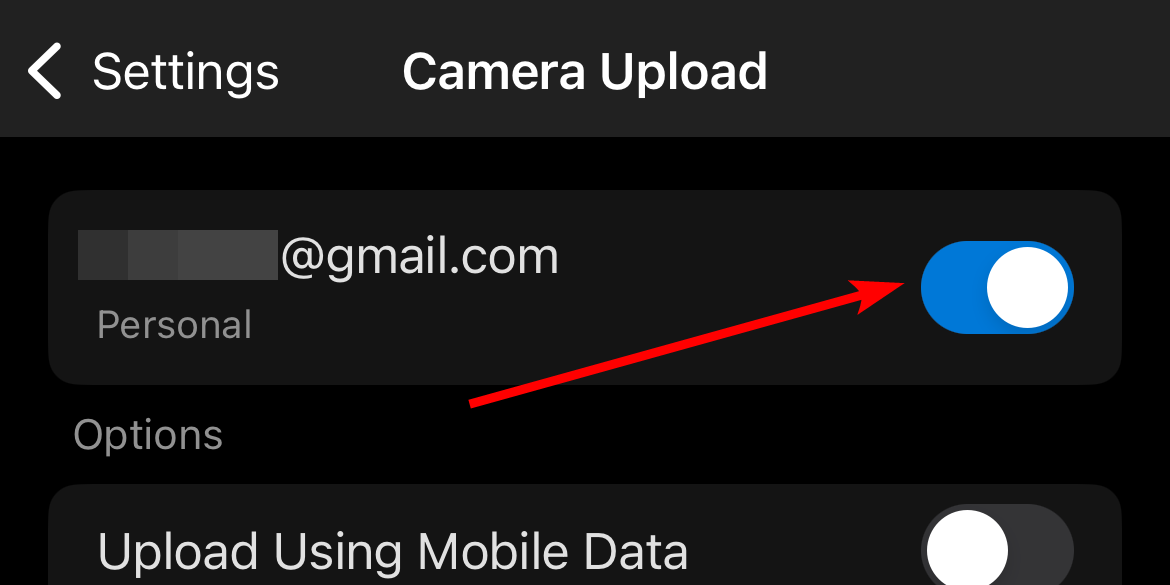 Enabling camera upload in the OneDrive app on iPhone.