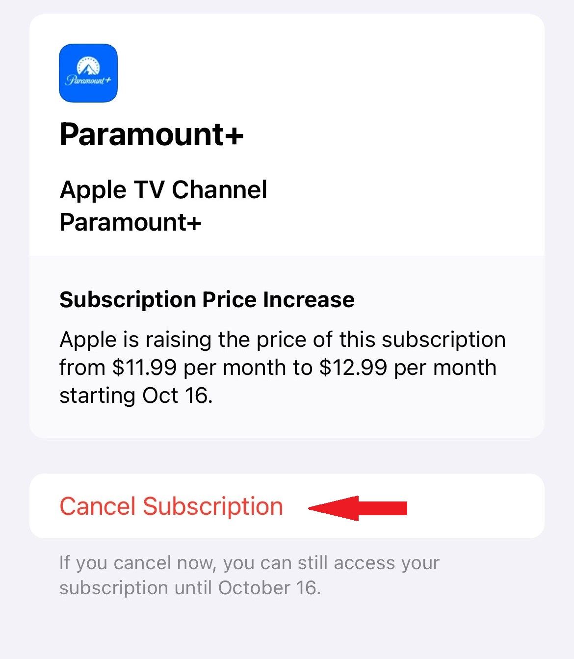 Paramount Plus screen subscription screen on iPhone with cancel option.