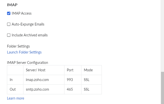 Enabling IMAP on Zoho.