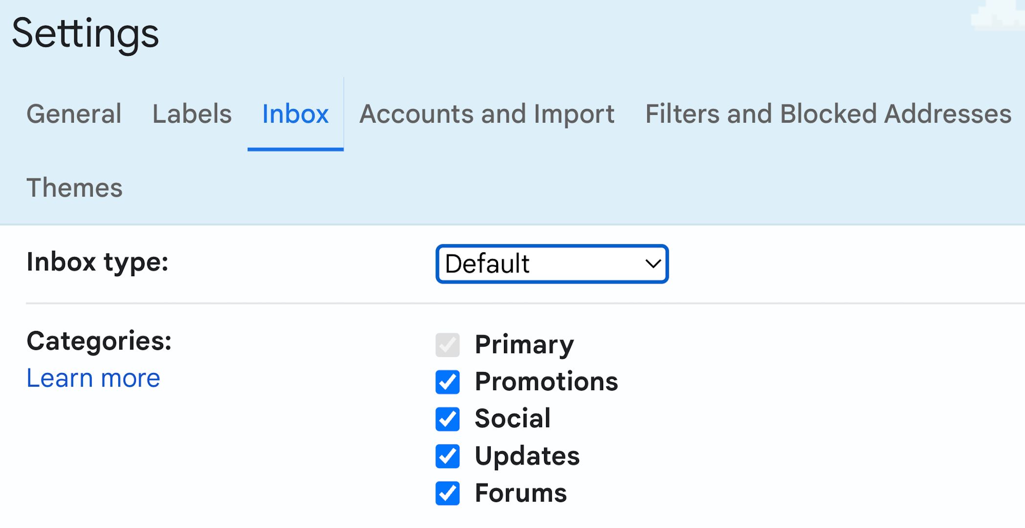 The Categories section in the Inbox Settings, with all categories turned on.