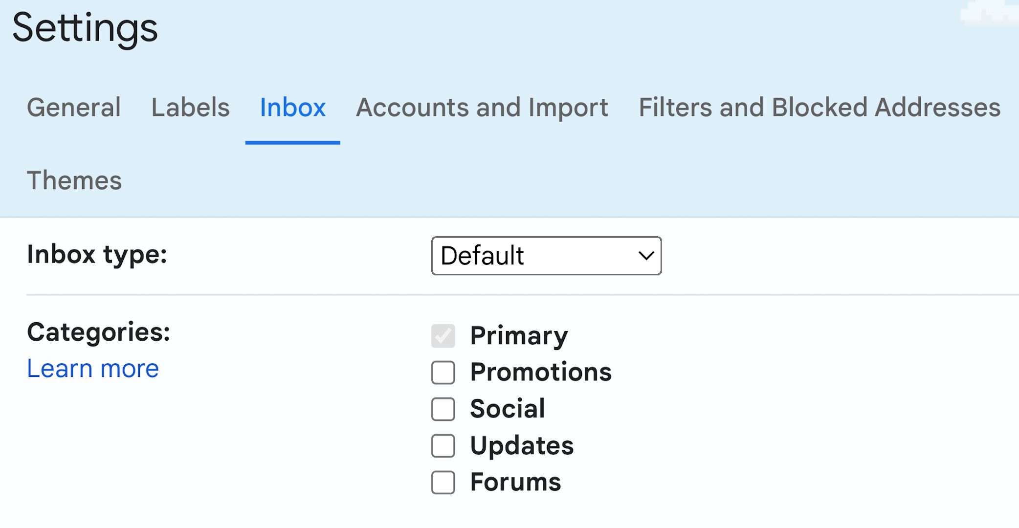 The Categories section in the Inbox Settings, with all categories turned off.