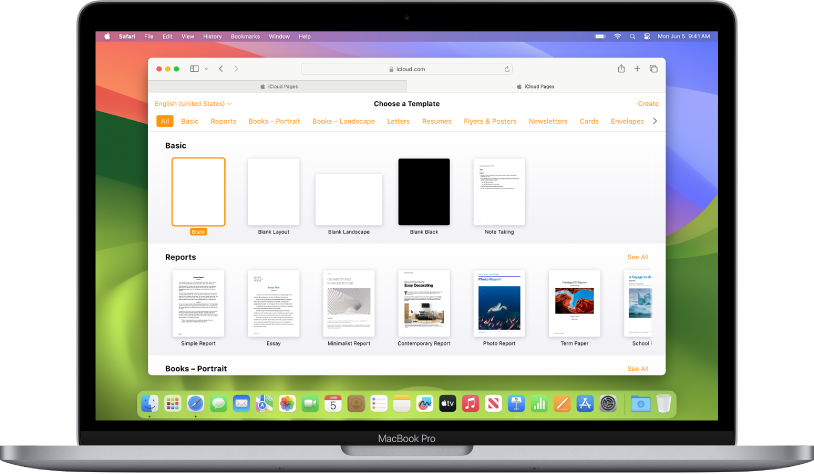 Macbook on iCloud website, using Pages online.