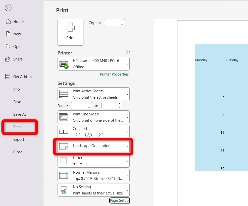 Changing orientation to Landscape while printing a calendar.