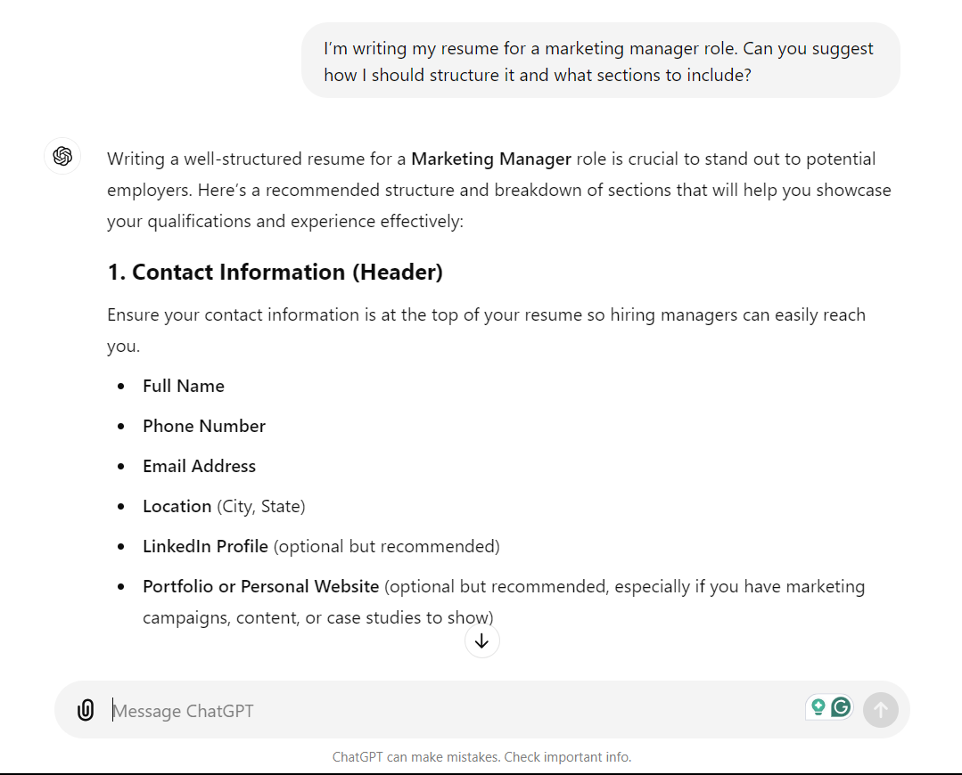 ChatGPT providing a detailed resume structure for a marketing manager role.