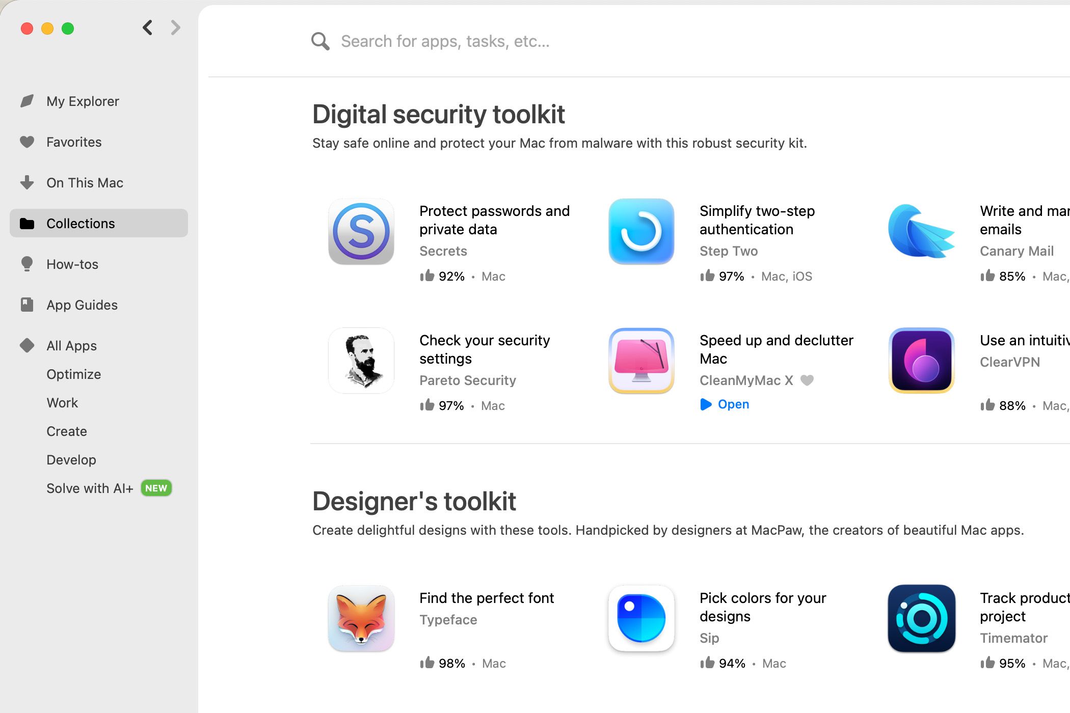 Lists of collections available on the app Setapp, showing categories for design and security.