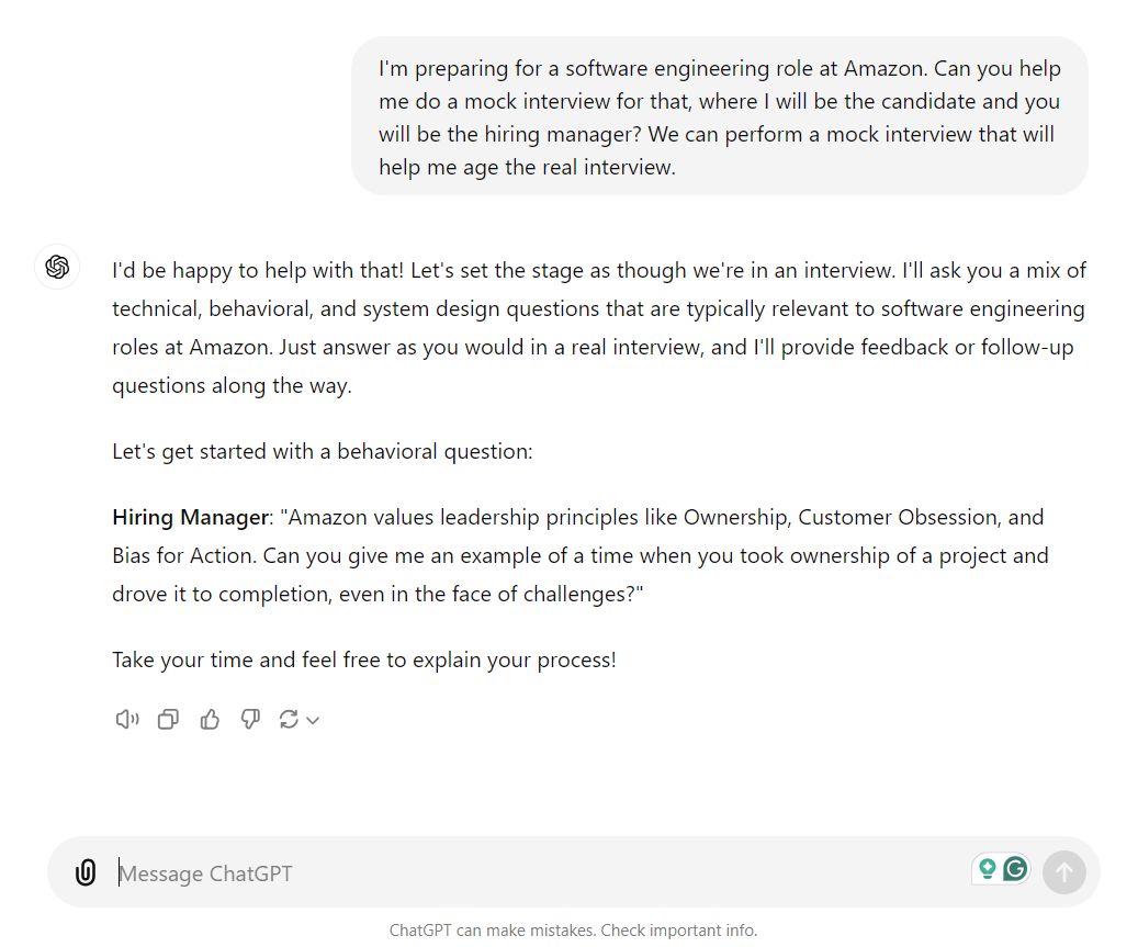 Conversing with ChatGPT to hold a mock interview for a software engineering role at Amazon.