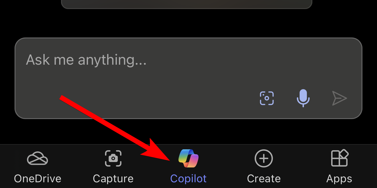 Selecting Copilot in the Microsoft 365 app on iPhone.