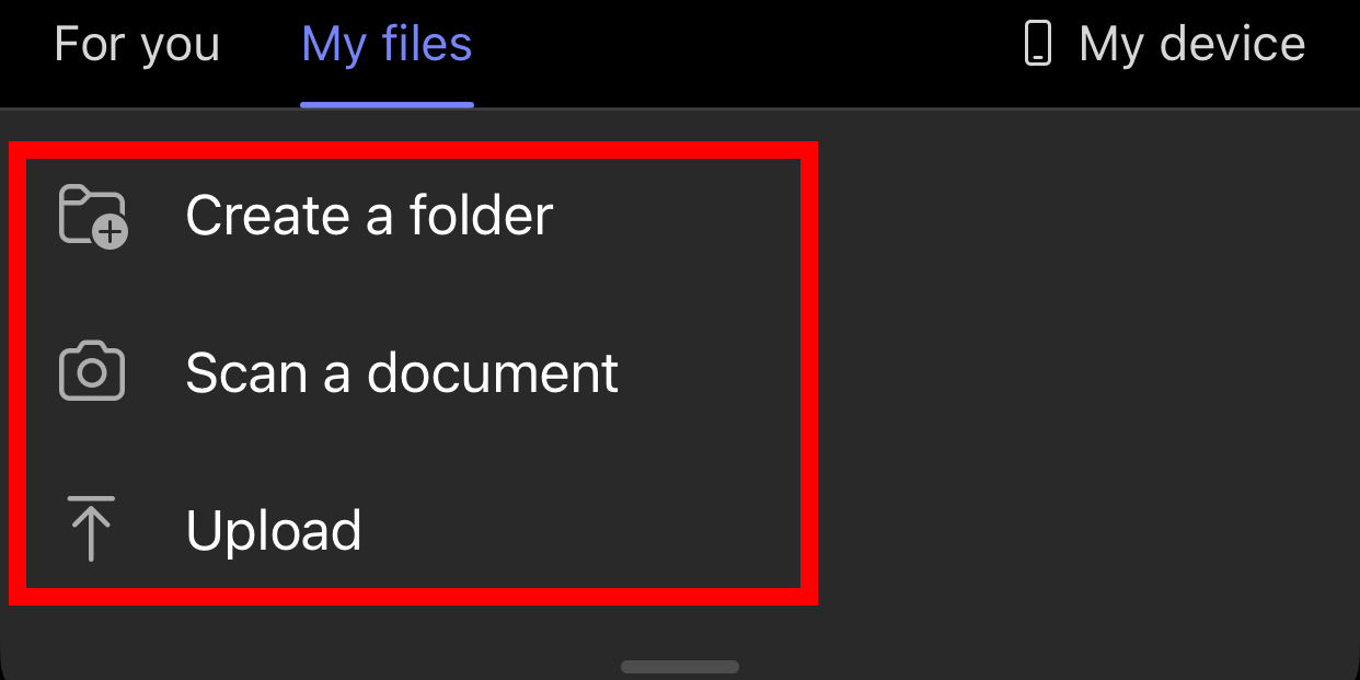 Option to create a folder, scan a document, or upload file in the Microsoft 365 app on iPhone.