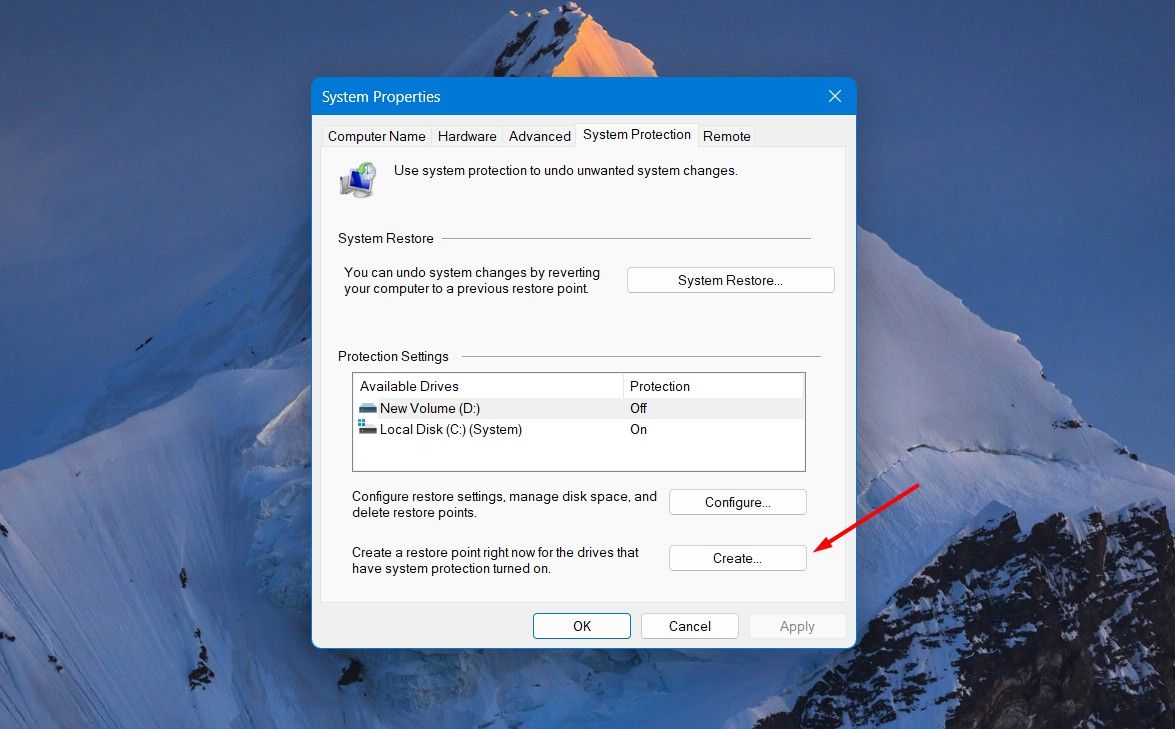 Создать параметр в окне «Свойства системы».