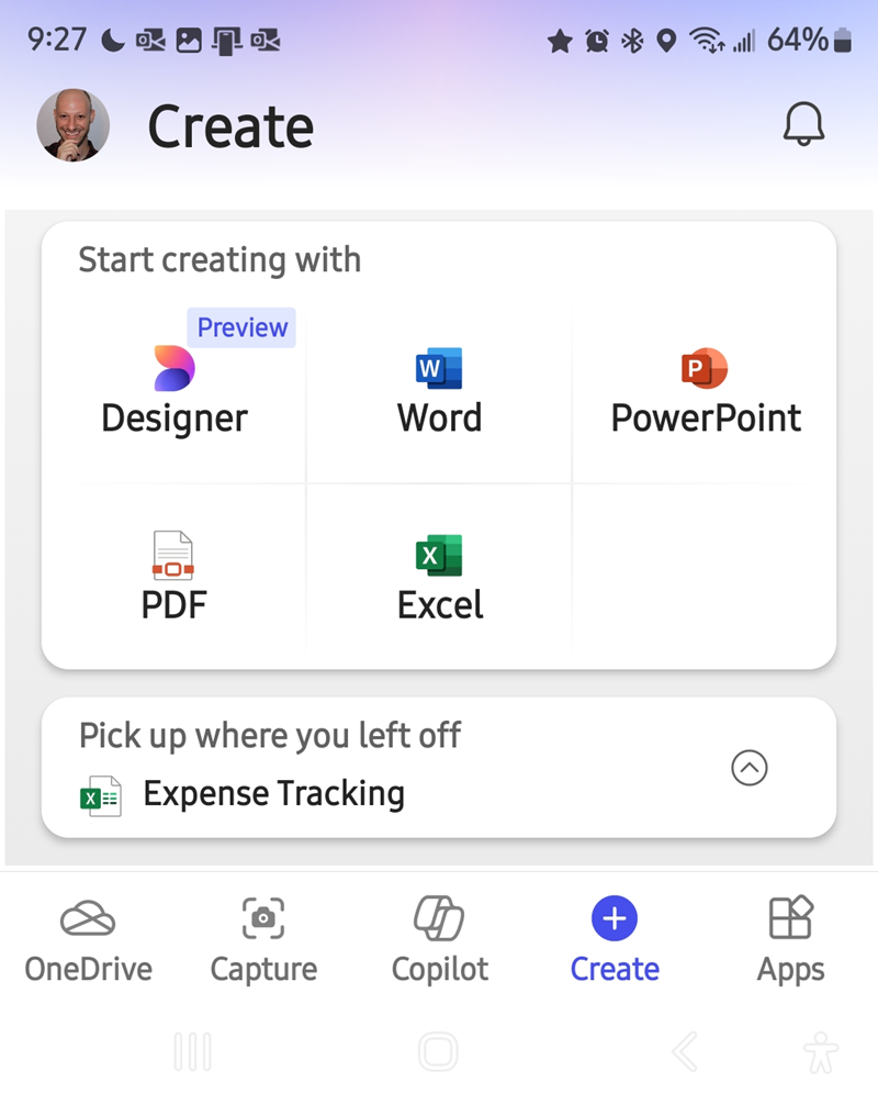 Create section of the Microsoft 365 app. 