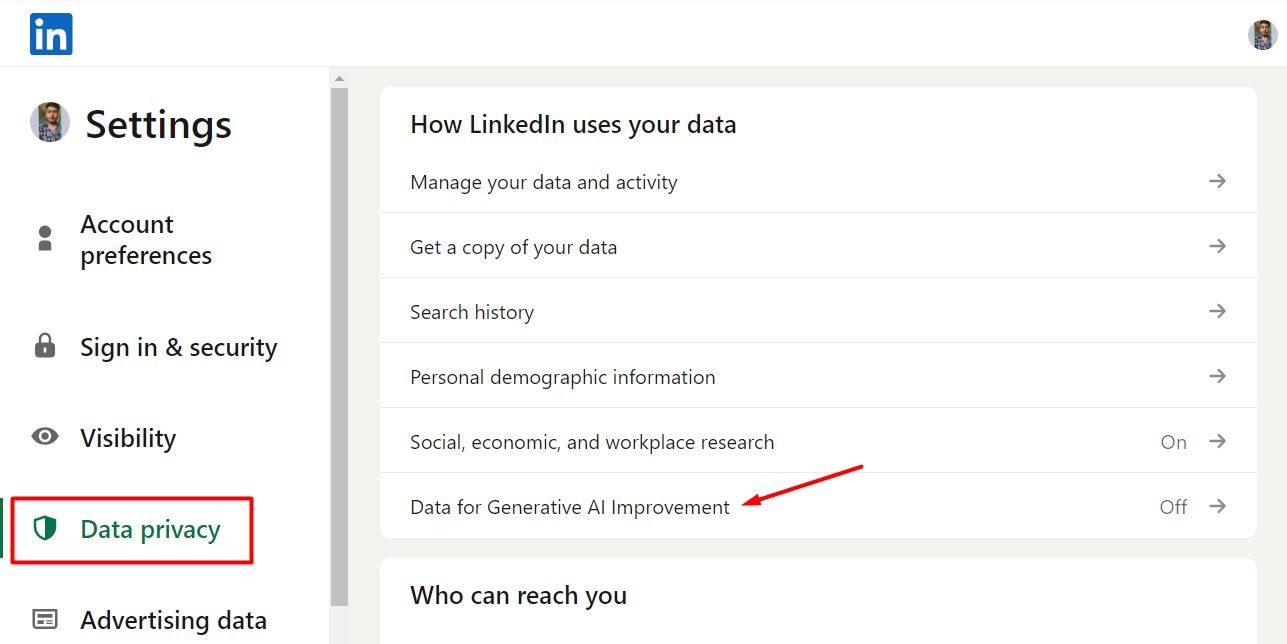 Data Privacy option in LinkedIn.