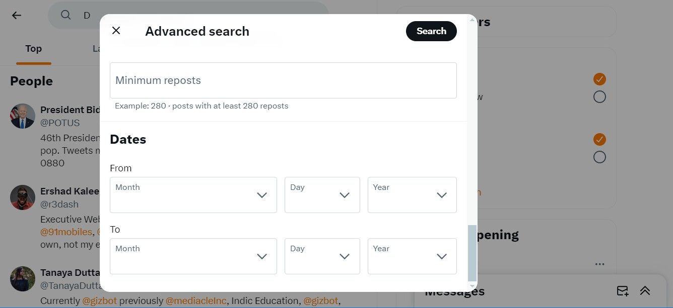 Dates section in X Adanced Search window.