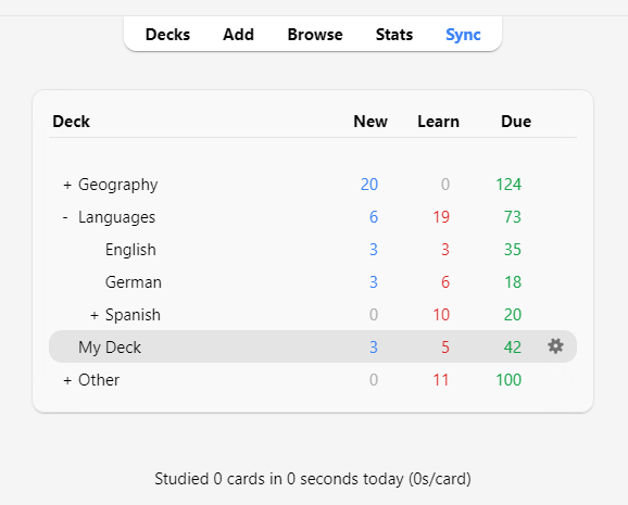 Anki deck categories showing how many cards in the deck are new, need to be learned, or are due.