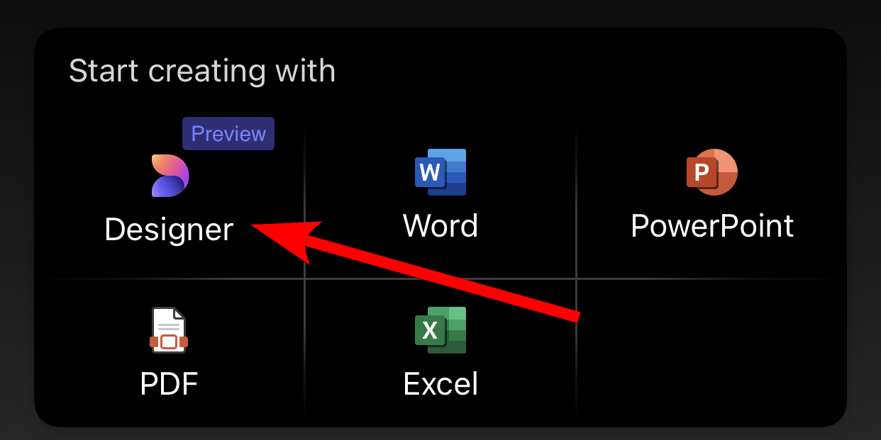 The Designer option in the Microsoft 365 app on iPhone.