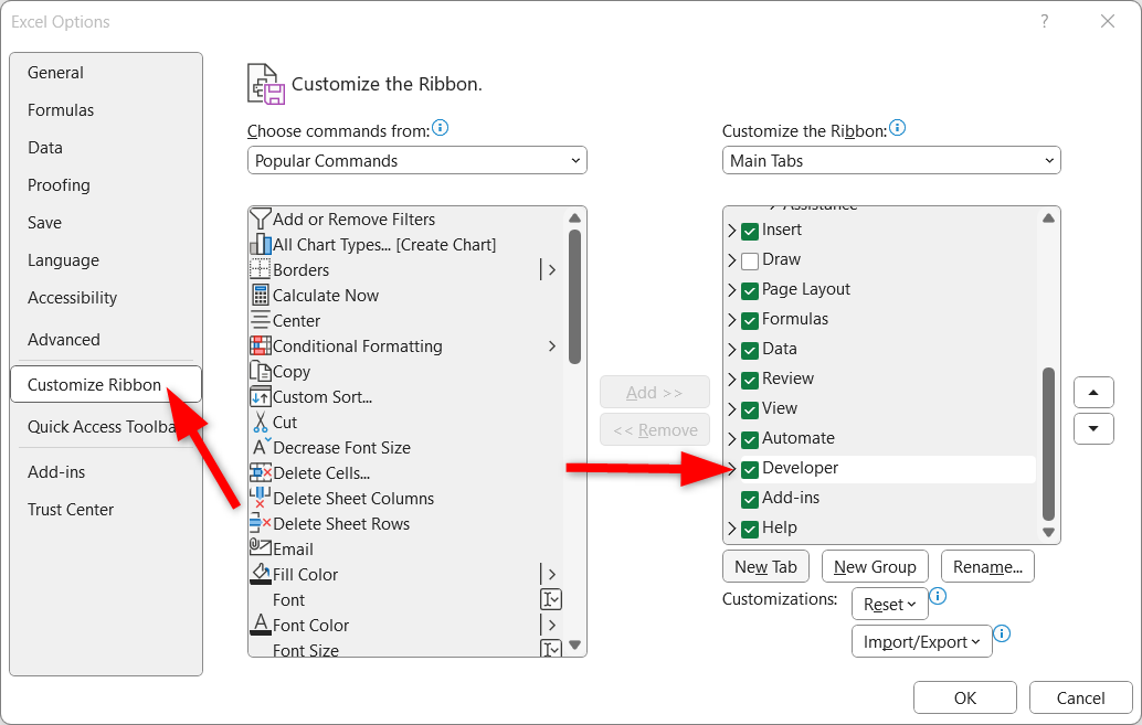 Turning on the developer option from the ribbon customization option.