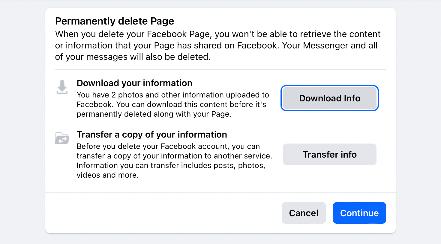 Download or transfer data from a Facebook page.