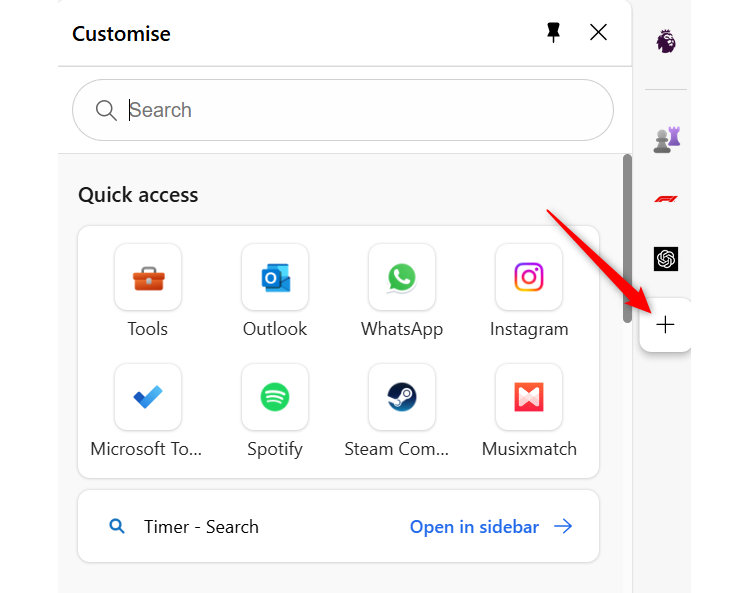 The Microsoft Edge sidebar with the '+' icon indicated.