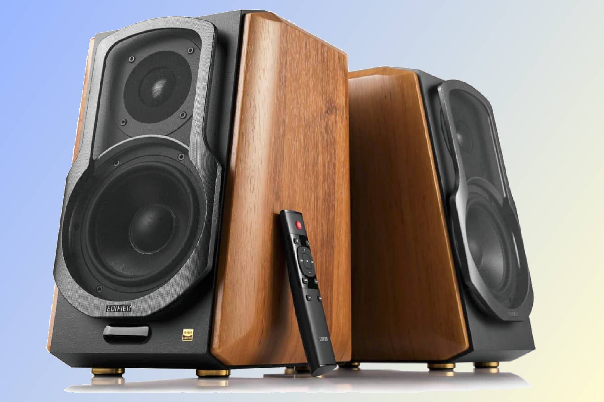 A pair of Edifier S1000MKII bookshelf speakers.