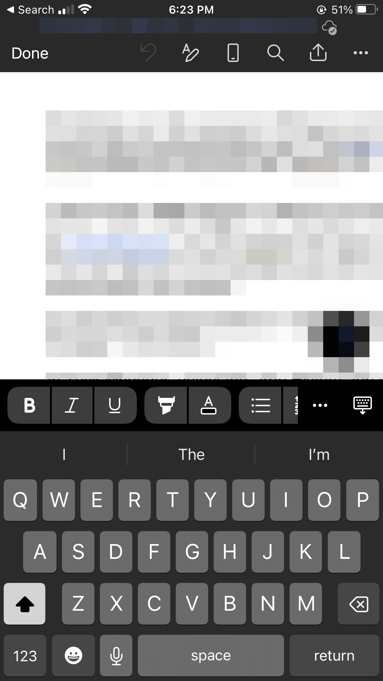 Editing a document in the Microsoft Word app on iPhone.