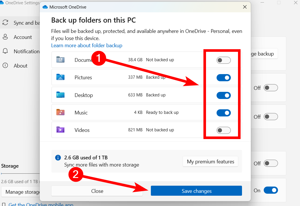 Selecting folders to automatically sync in the OneDrive app on Windows.